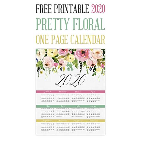 Free Printable 2020 Pretty Floral One Page Calendar The Cottage Market
