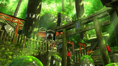 Download 1920x1080 Anime Landscape Shrine Forest Stairs Green