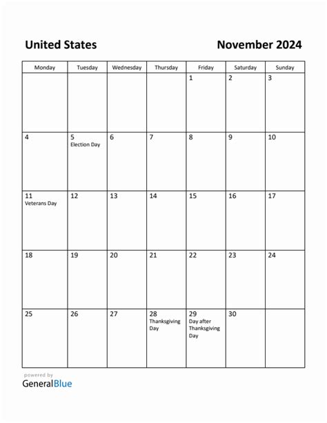 Free Printable November 2024 Calendar For United States