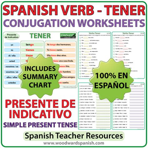 TENER Spanish Verb Conjugation Worksheets Present Tense Woodward