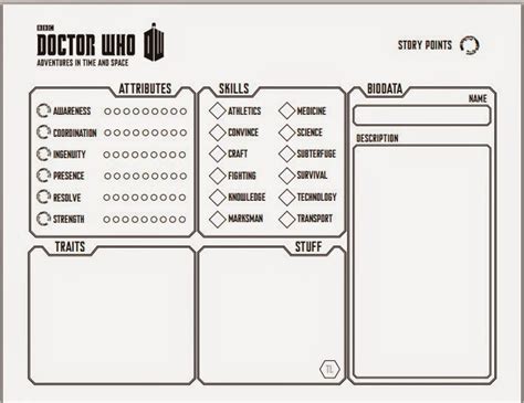 Vortex System Doctor Who Character Sheet Printer Friendly