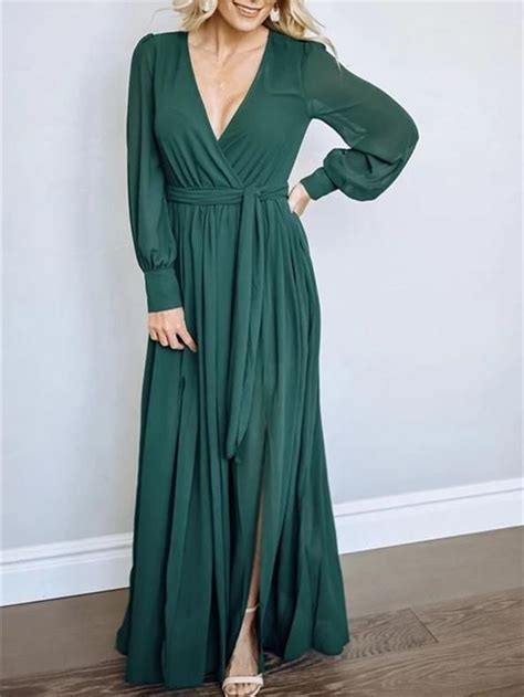 v neck long sleeves belted maxi dress in emerald in 2020 maxi dress white lace maxi dress