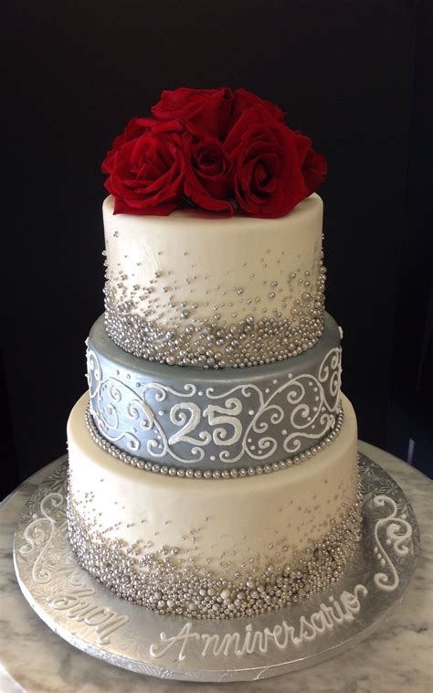 Anniversary Cake With Red Roses And White Scroll Design 25