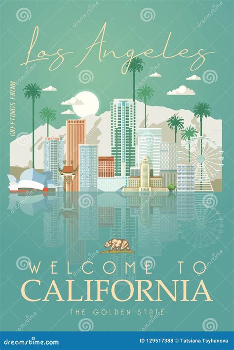 Los Angeles Vector City Flyer California Poster In Colorful Flat Style
