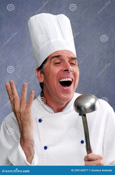 Happy Chef Singing With A Cooking Spoon Stock Image Image Of Emotion