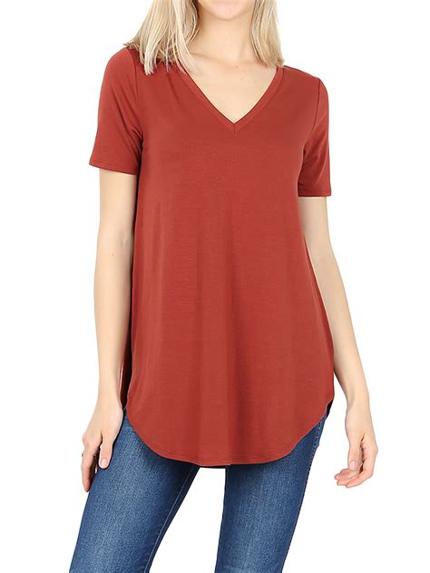 Women Short Sleeve V Neck Round Hem Relaxed Fit Casual Tee Shirt Top
