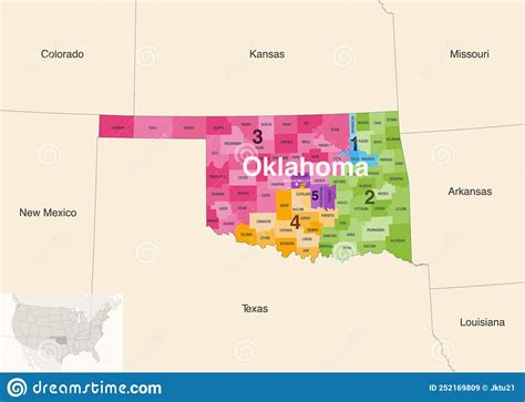 Oklahoma State Counties Colored By Congressional Districts Vector Map