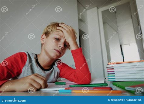 Little Boy Tired Stressed Of Doing Homework Bored Exhausted Stock