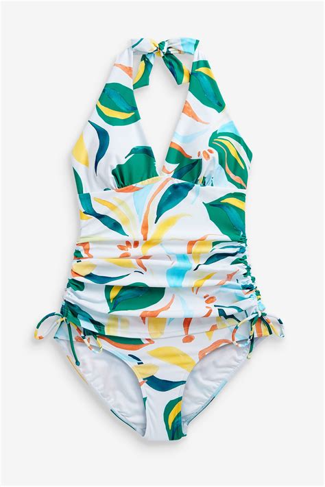 Buy White Tropical Ruched Tummy Control Plunge Swimsuit From The Next