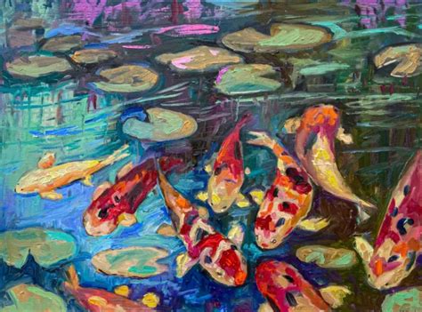 Original Art Oil Painting Koi Fish Artwork Lake Pond Wall Art 18x24