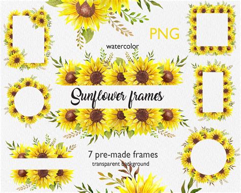 Watercolor Sunflower Frame PNG clipart Floral frame PNG | Etsy