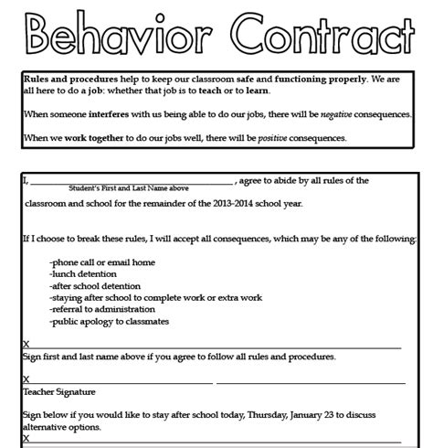 Free Printable Behavior Contracts For Elementary Students