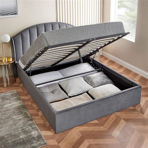 Home Treats Grey Double Ottoman Bed Curved Winged Headboard Ottoman Storage Bed Velvet