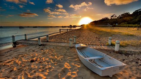 Wallpaper Sunlight Boat Sunset Sea Bay Shore Sand Reflection