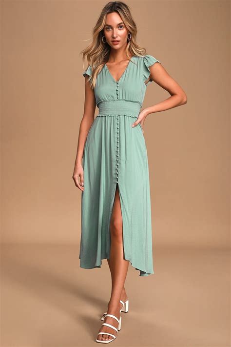 Amayah Sage Green Satin Button Up Midi Dress In 2020 Green Midi Dress