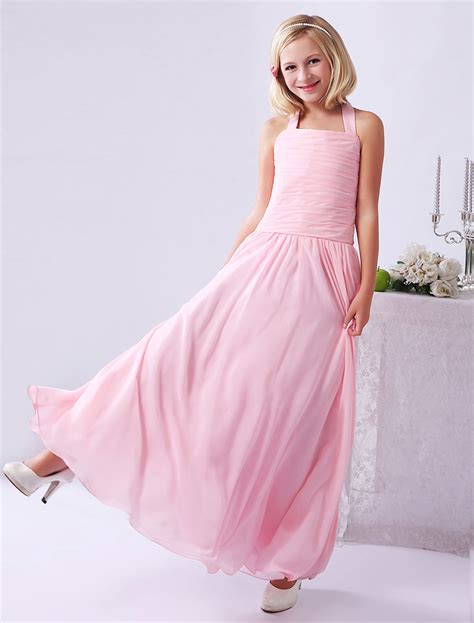 A Line Pink Chiffon Pleated Halter Junior Bridesmaid Dress