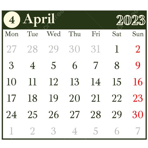 Aceituna Negra Abril 2023 Calendario Mensual Estilo De Tabla Simple Png