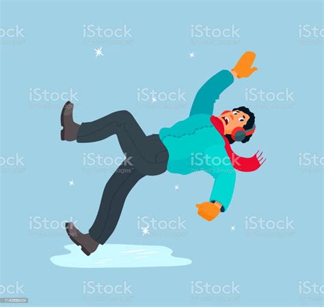 The Man Slipped On The Ice Falls Waving His Hands Scared Dangerous Ice