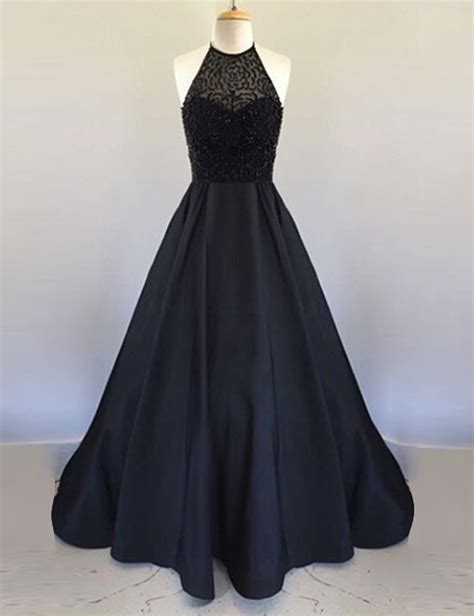 Prom Dressesa Line Halter Floor Length Black Pleated Prom Dress With