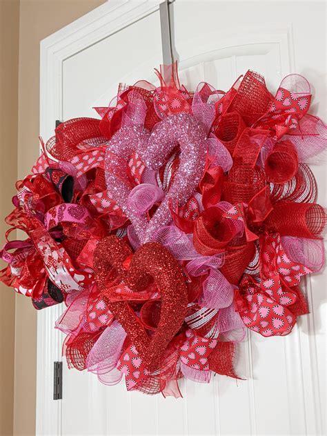 Valentine Wreath Double Heart Deco Mesh Wreath Front Door Etsy