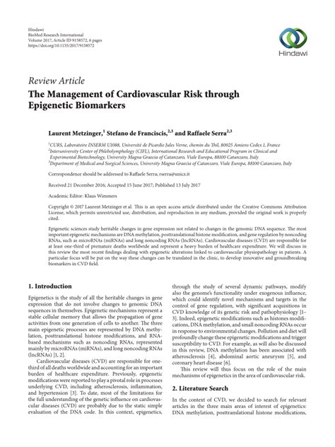 Pdf The Management Of Cardiovascular Risk Through Epigenetic Biomarkers