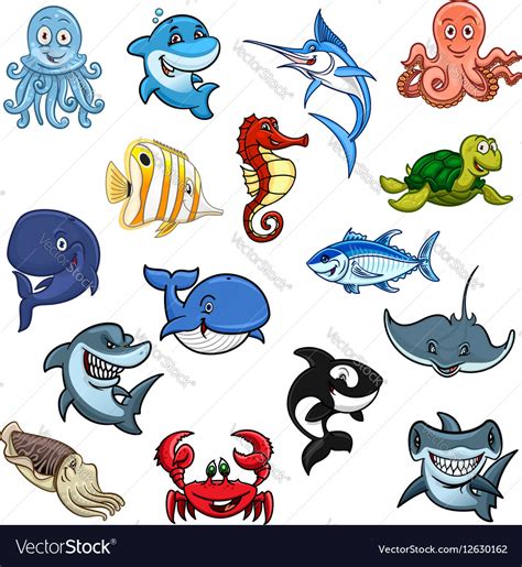 Sea And Ocean Animals Fish Cartoon Icons Vector Image