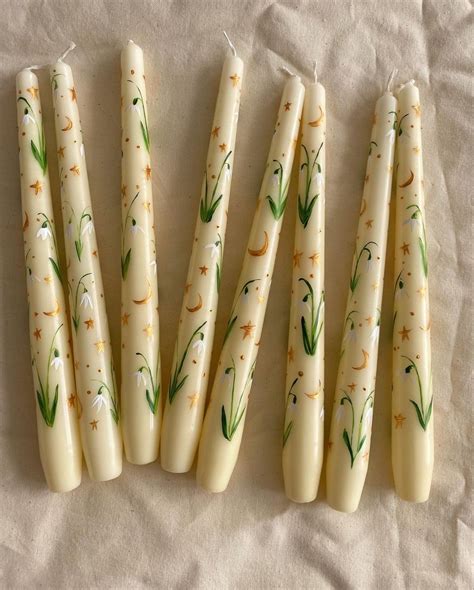 Ivory Dinner Candles Painted With Delicate White Snow Drop Flowers And
