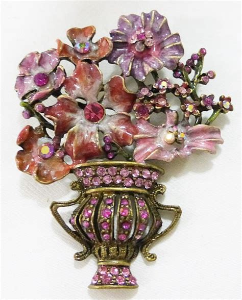 Flower Vase Pin Brooch Enamel Rhinestones Vintage By Mashlidesign