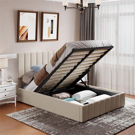 URTR In W Beige Full Size Upholstered Platform Bed With Storage Underneath Wooden Bed Frame