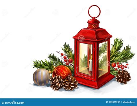 Red Vintage Lantern With A Burning Candle With Christmas Toys