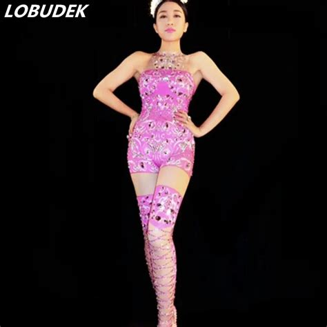 Pink Sexy Leotard Jumpsuit Sparkly Crystals Slim Rompers Female Singer Ds Dj Stage Costume Bar