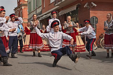 Folk Dance Ensemble From Russia Performs Traditional Dance Stock Photo