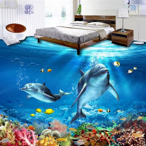 Custom Mural Wallpaper 3d Underwater World Dolphins Floor Tiles Sticker