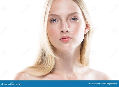 Close Up Face Woman With Beauty Skin And Beautful Blond Hair Iso Stock Image Image Of