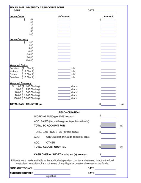 Cash Drawer Count Sheet Template Free Printable Templates