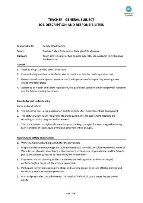 Teacher General Subjects Job Description Templates At