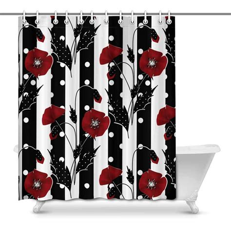 Mkhert Red Poppies On Black White Stripes House Decor Shower Curtain