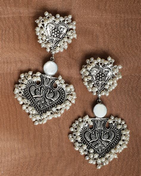Pearl Beaded Engraved Drop Earrings By Namasya The Secret Label