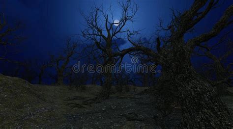 Scary Night Forest With A Full Moon 3d Illustration Stock Illustration