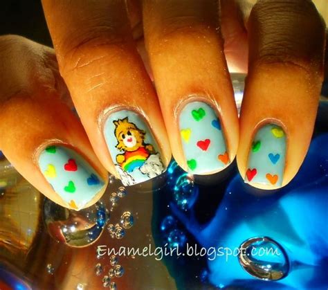 i love the carebears but i even like the other nails more with the blue and multi colored