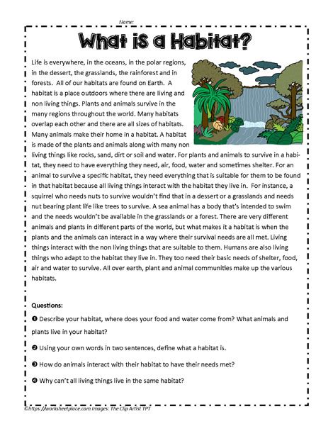 Habitat Comprehension Worksheets