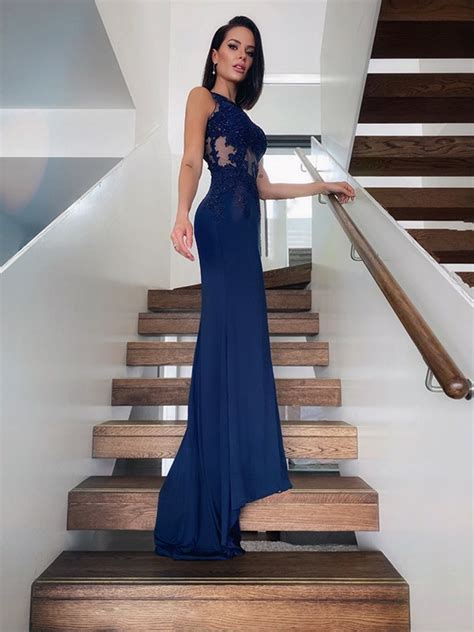sexy mermaid navy blue lace prom dresses sleeveless long gowns · mychicdress · online store