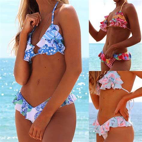 Ishowtienda Swimwear Women Swimsuit Bikini Set Print Pleated Ruffled