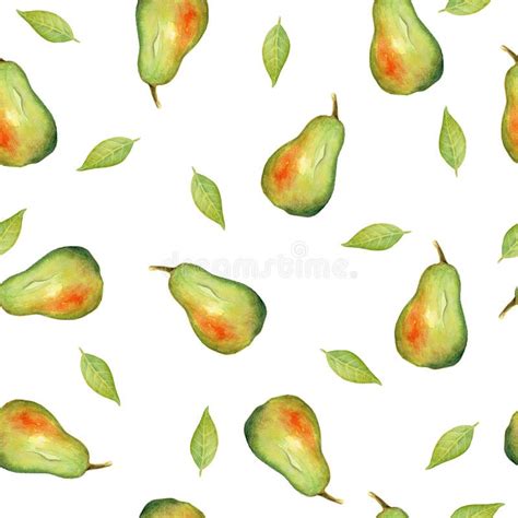 Seamless Hand Drawing Background With Watercolor Pears And Green Leaves