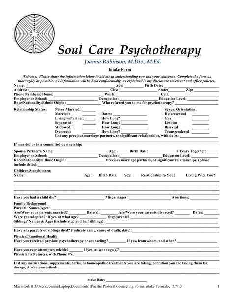 Therapy Intake Form Template Free