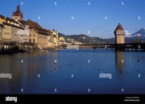 Historic City Part Of Luzern Lucerne Reuss River Watertower And