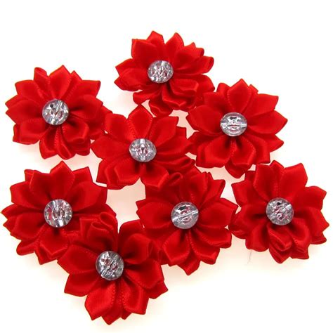 12pcs red satin ribbon flowers with rhinestone multilayers fabric flowers appliques accessories