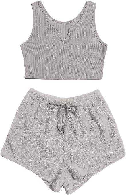Shein Women S Piece Sleepwear Notched Crop Tank Top And Tie Front Teddy Shorts Pj Set Amazon