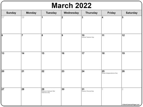 March 2021 With Holidays Calendar