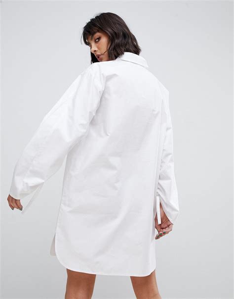 Asos Cotton Shirt Dress With Ruched Sleeves In White Lyst